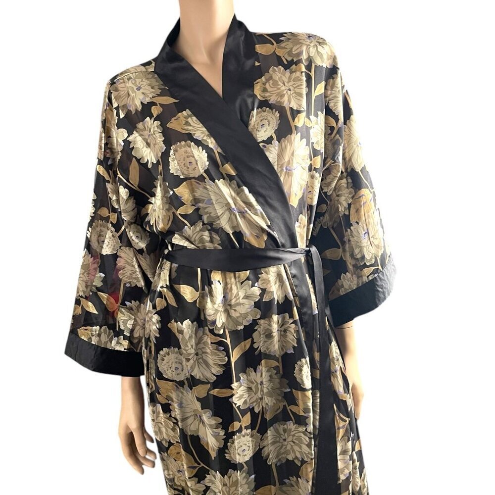 Vintage Judith Hart Black Floral Semi Sheer Maxi Long Robe Kimono Sleeve - Picture 12 of 12